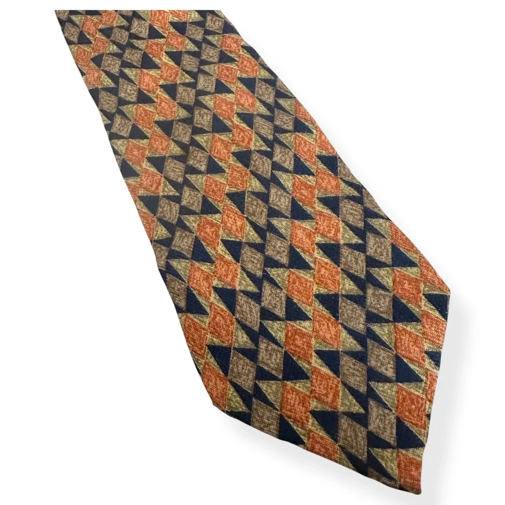 VTG Ermenegildo Zegna Silk Tie OS Orange Geometric Diamond‎ Harlequin Made Italy